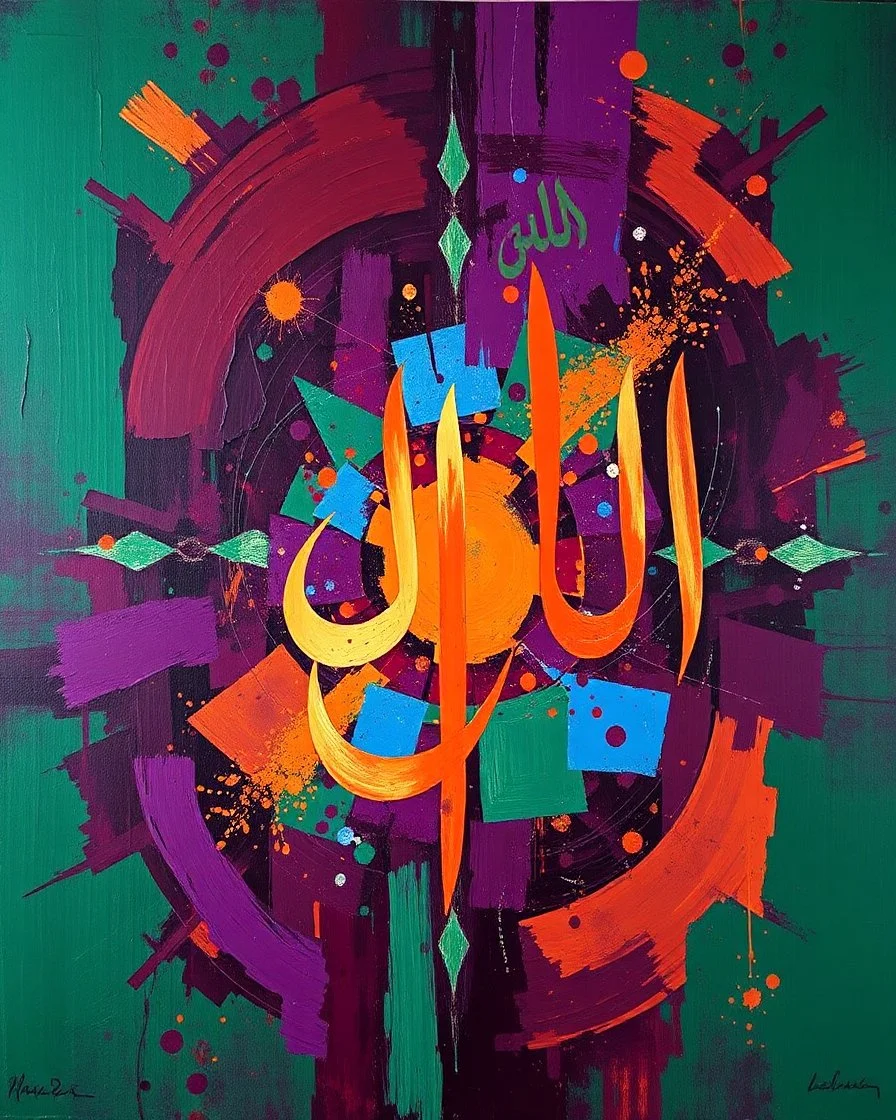 Stunning and vibrant Islamic oil painting of the writing (Cafe Sky) in dark maroon, purple, deep green, orange, blue and gold! Bold and textured brushstrokes, the largest shapes creating a spiritual and expressive masterpiece. Large abstract Arabic calligraphy and large geometric patterns flow harmoniously in this composition, evoking a sense of divine energy and movement.