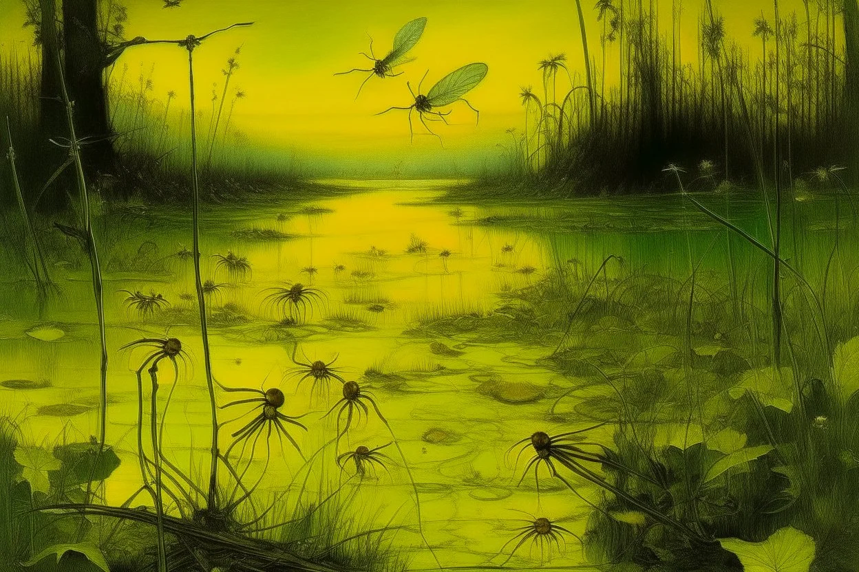 A yellow swamp with glowing dragonflies painted by Albrecht Durer