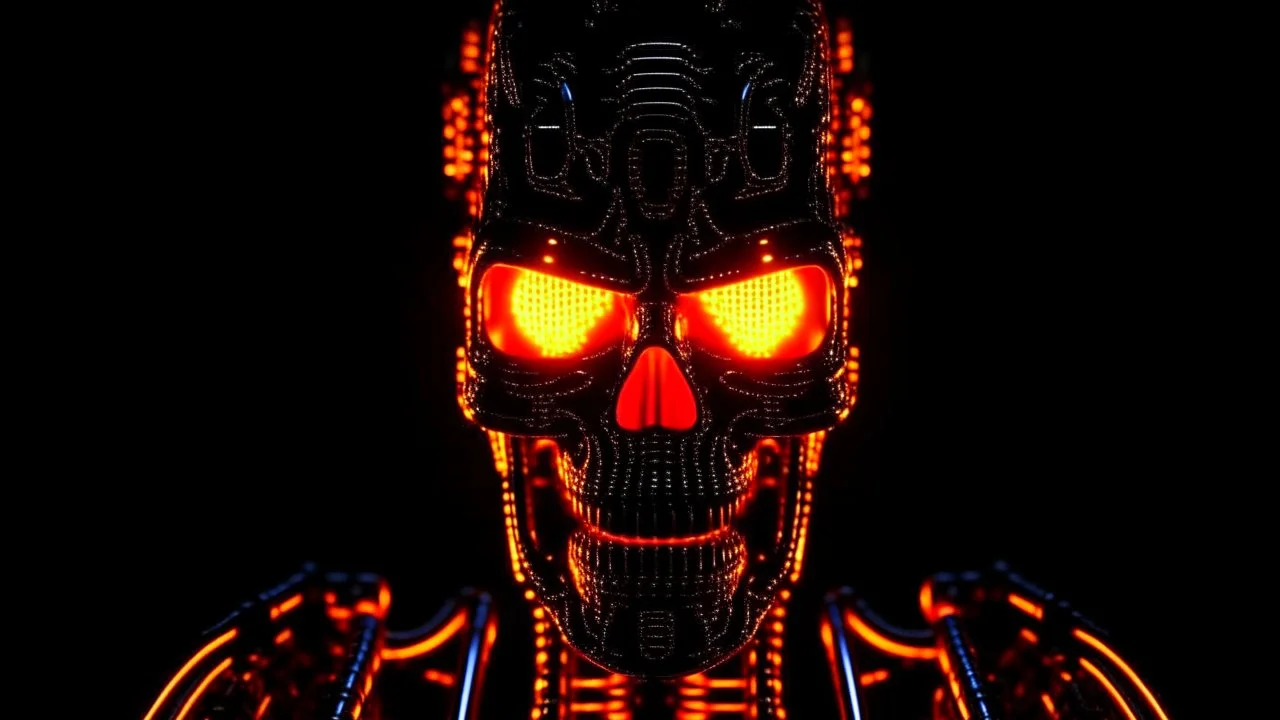 Logo emission radio metal terminator flammes en arriere plan. Arriere plan en flammes. 4k full realism, ultra details, lumieres maximum.