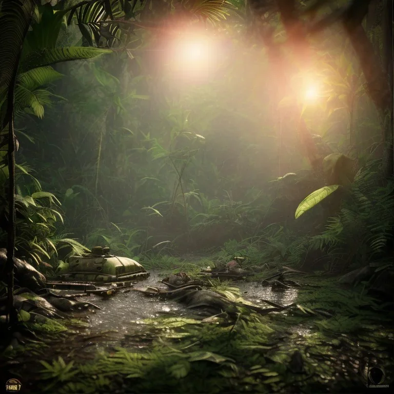 vietnam war. jungle. cd cover. bokeh. lens flare. warm lights. high detailed