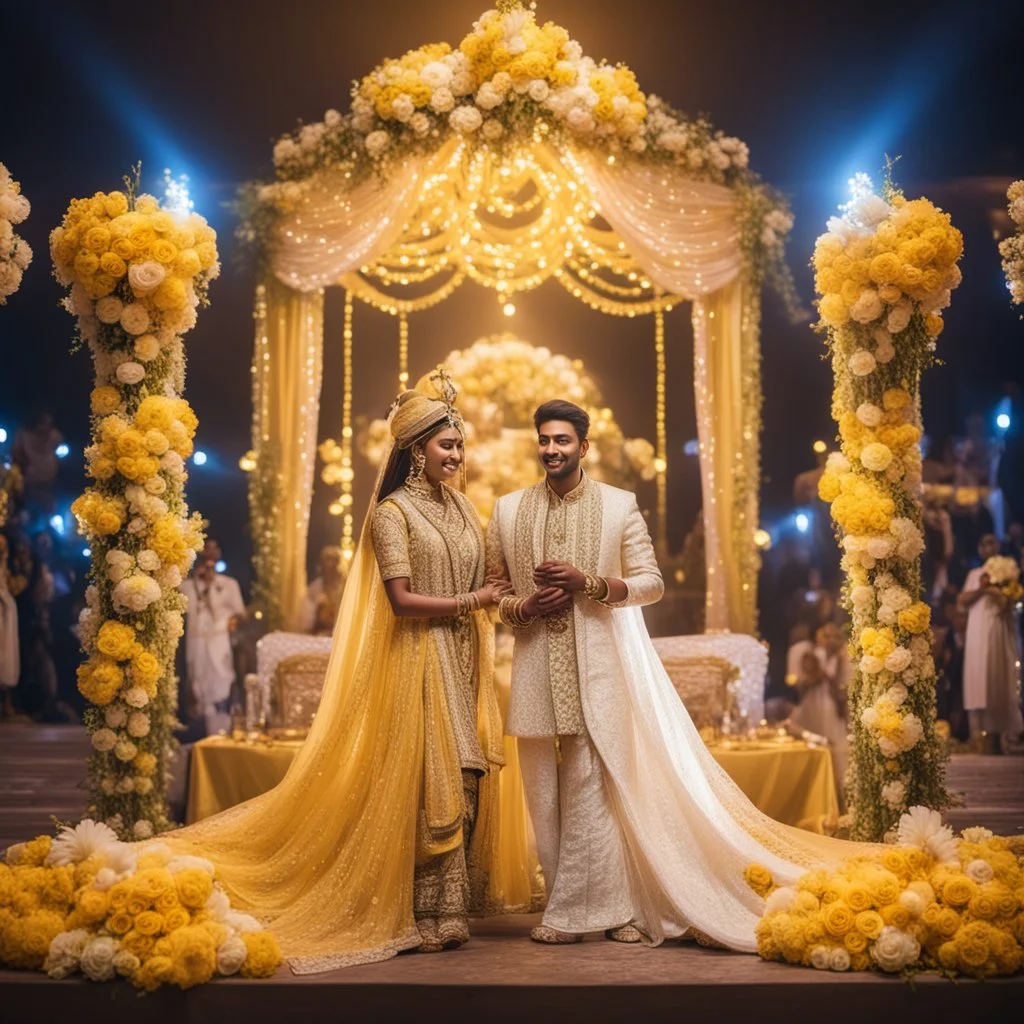 Hyper Realistic Beautiful Traditional Indian Wedding Couple on Stage decorated with different Yellow & White flowers & neon wedding lights with people at Night