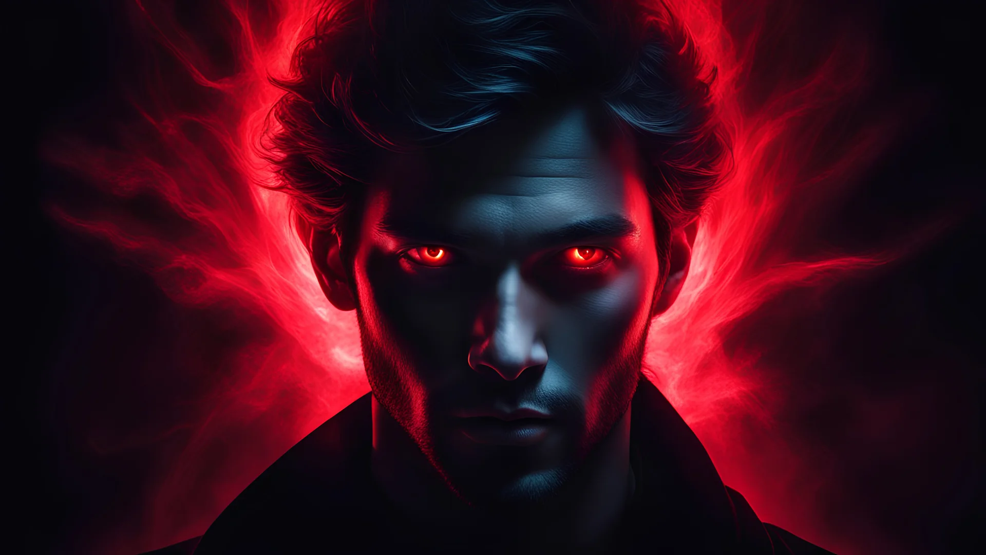 A thumbnail image depicting a mysterious and captivating persona at the peak of his allure. The person in the image is surrounded by a black background, enhancing the aura of mystery enveloping him. His eyes stand out with a distinctive red glow, adding a touch of mystery and allure to his face. The red light emanating from his eyes creates a unique and captivating effect. The person appears skilled in conversation, and the facial expressions reflect confidence and eloquence in speech. An attra