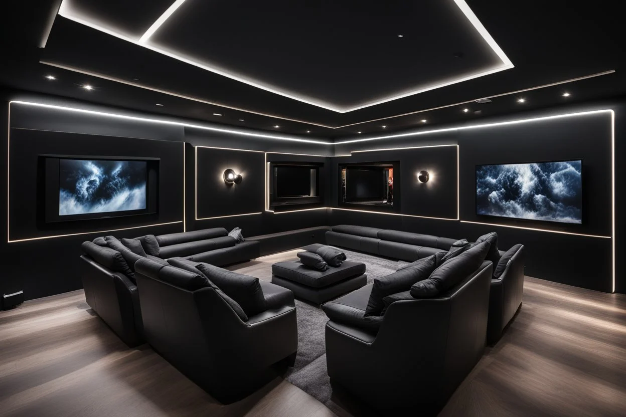 a black themed dedicated home cinema room with LED ambient lighting in the walls make sure the room is completely symmetrical