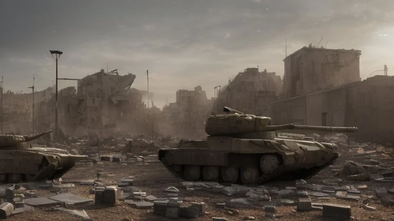 Israeli soldiers and tanks stand on a very large chessboard in the middle of a destroyed city