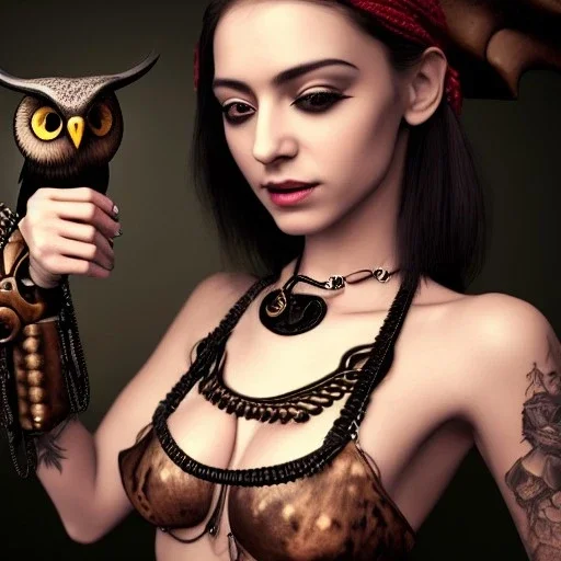 hyper realistic, young cute girl, short black air, holding a owl, black batterfly tatoo on arm, dressed a steampunk pirate, bra with carved leather. Chains in background, salvador dalì style. high details. 4k, unreal engine