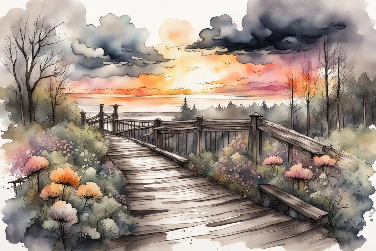 Urban sketch of a beautiful forest in ink and watercolor, storm clouds, full sunset, flowers, kurved path, old wood bridge, gull Modifiers: beautiful award winning