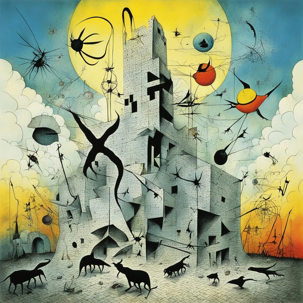 Animals don't need no thought control, by Roberto Matta and Joan Miro and Gerald Scarfe, asymmetric British white brick textures, abstract surreal color ink illustration, sci-fi dreamscape, Pink_Floyd album art, dramatic, any color splash you like, minimalism