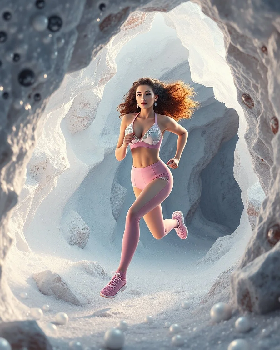 make a picture pretty crystal cave covered with jwellary and 3d recursive cubic and sphere base pearls and a beautiful goddess lady with cute,curvy hair,makeup, in pretty sports suit with jewels is running inside cave ,dynamic camera fallow her inside cave capturing full body, dynamic lights.
