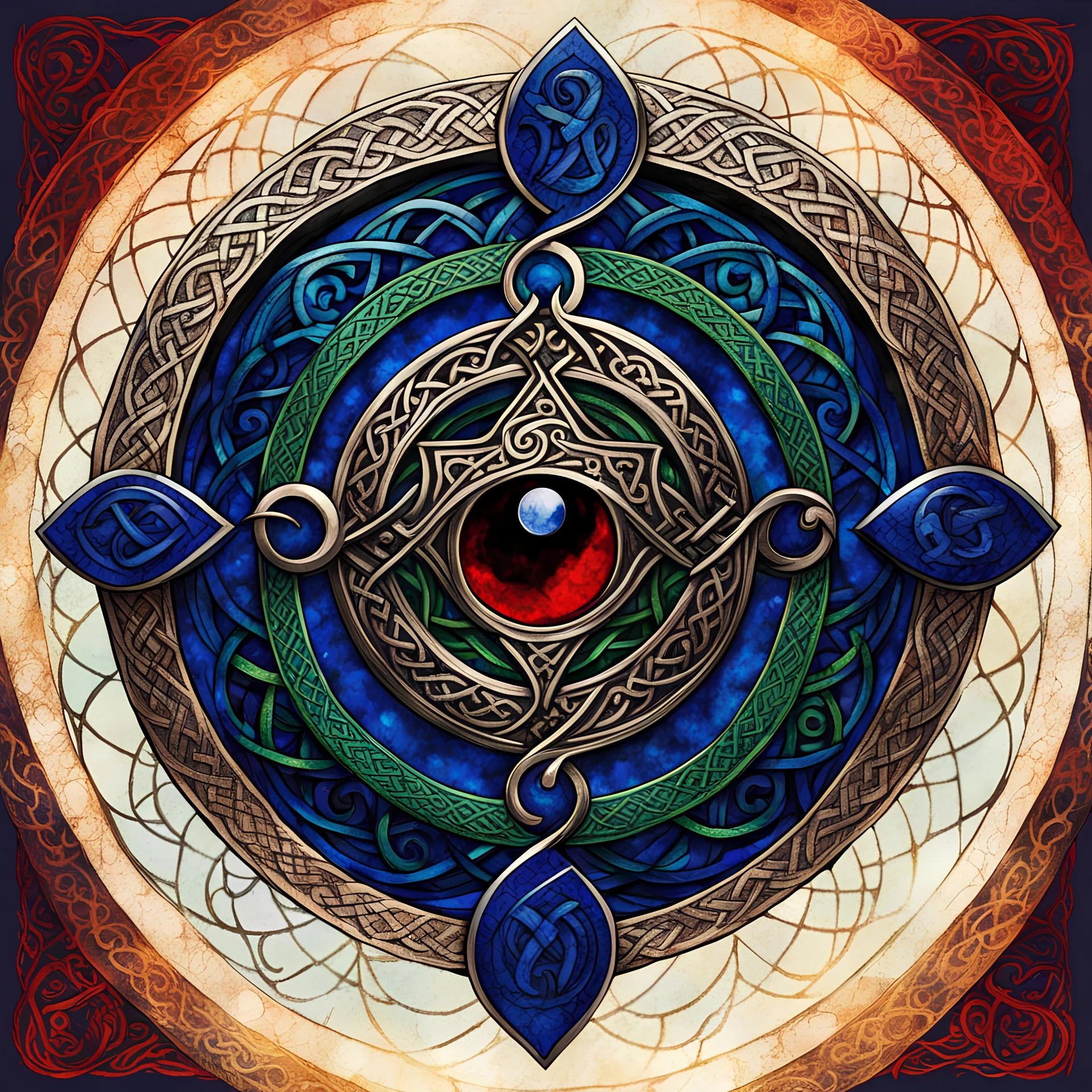 the logo of an ancient Celtic female vampire coven , in the form of highly detailed triskele and knotwork, made from lapis lazuli, emerald, and ruby, with the all seeing eye at its center fashioned as a clasp, in the graphic novel style of Bill Sienkiewicz, Jean Giraud Moebius, and Enki Bilal