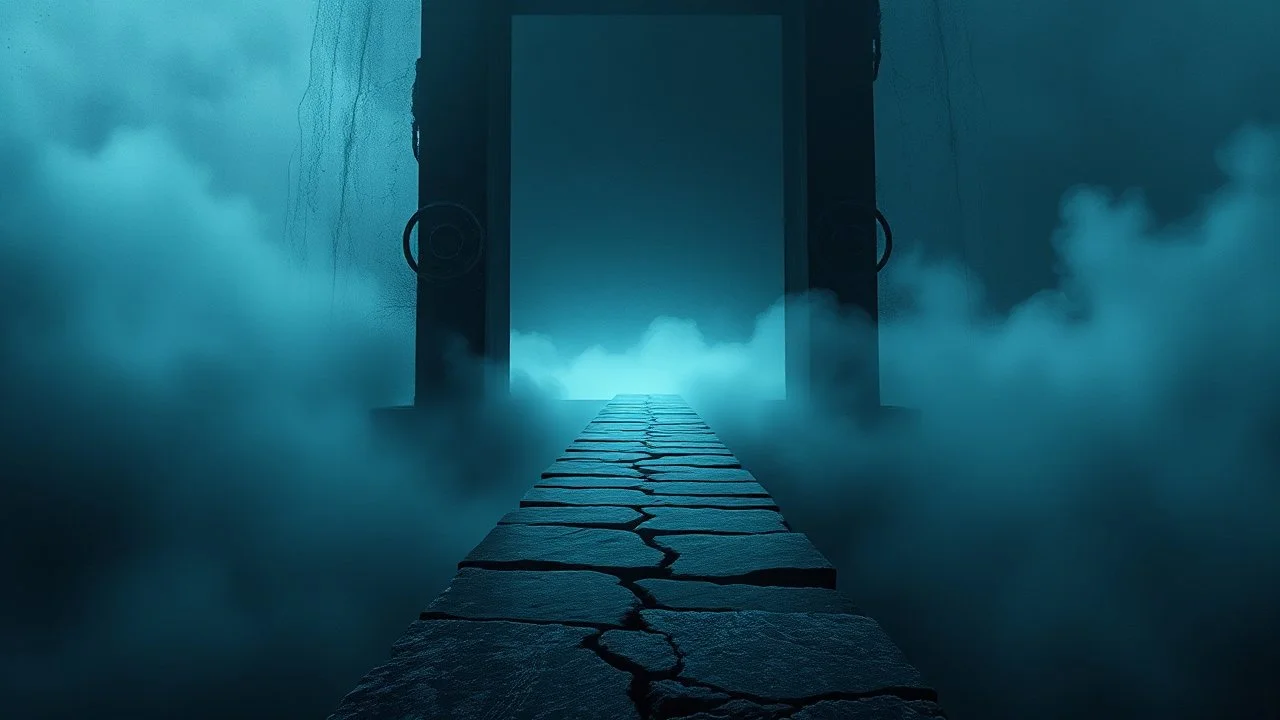 passage over nothingness, surreal, dark and cold abstract artwork dominated by deep blue, icy cyan, charcoal black and muted steel-grey tones. An narrow passageway emerges from an abstract distorted weird landscape, surrounded by thick fog and drifting mist. The space feels nightmare, alien and unsettling, with floating circle and line geometric forms, black onix column architectural fragmented and unnatural perspectives. At the center of the composition cracked stone way over abyss