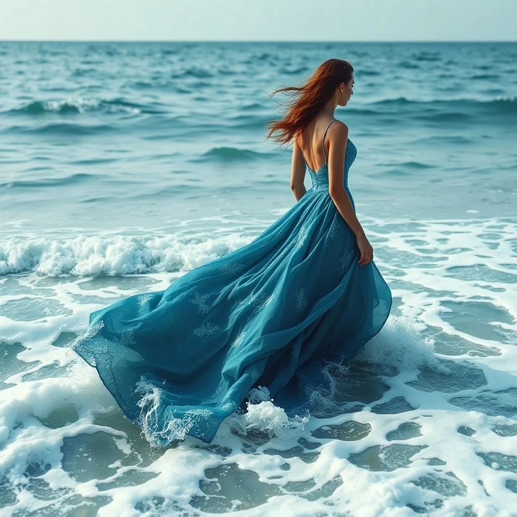 Born of the Ocean walking in oecion Where the sea becomes a gown and every wave moves with her. A moment of gown in waves ,