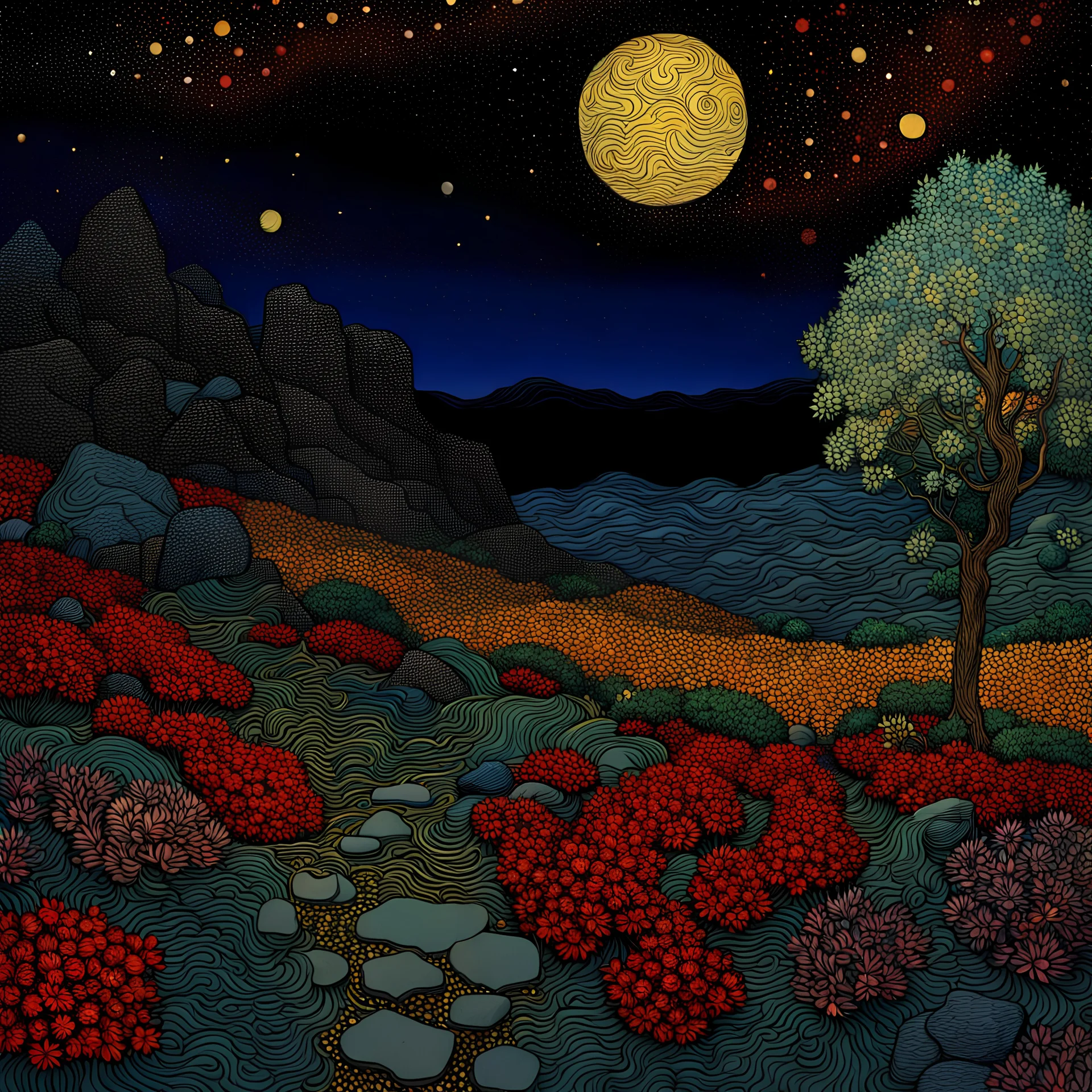 Colourful, peaceful, Max Ernst, Vincent Van Gogh, night sky filled with galaxies and stars, rocks, trees, flowers, one-line drawing, sharp focus, 8k, deep 3d field, ornate