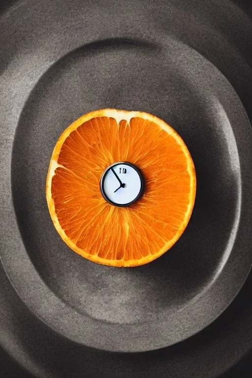 portrait, a whole orange with a tiny wall clock embedded in its rind, AbstractTech clockpunk, Food photography, beautiful, delicious food, recipe photography, realistic, natural light, colorful, food art, object photography, vignette, ultra HD