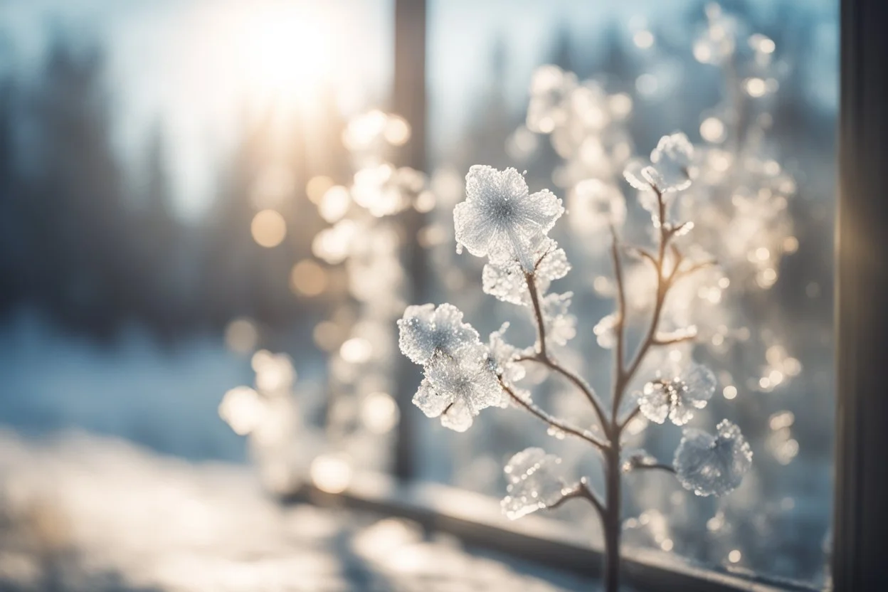 ice flowers on a window in sunshine, ethereal, cinematic postprocessing, bokeh, dof