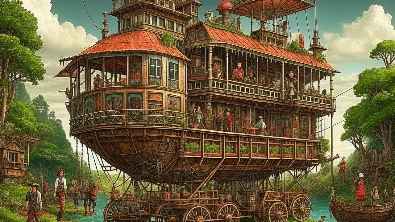 steampunk gipsy caravan crossed with a boat flying high over a jungle with platforms, verandas, and people, cogs, pulleys, intricate