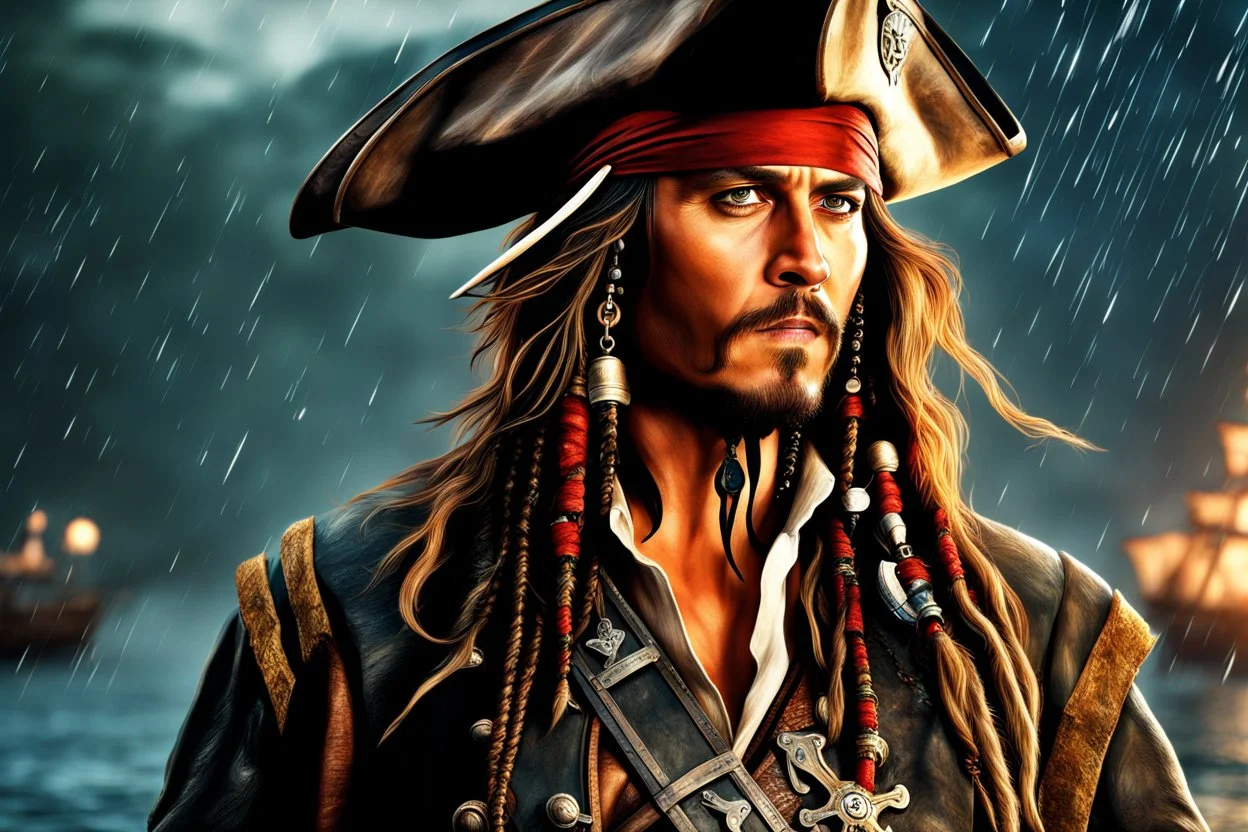 Johnny deep in 8k cgi game drawing style, Jack Sparrow them, pirate custom, close picture, rain, Ocean, intricate details, highly detailed, high details, detailed portrait, masterpiece,ultra detailed, ultra quality