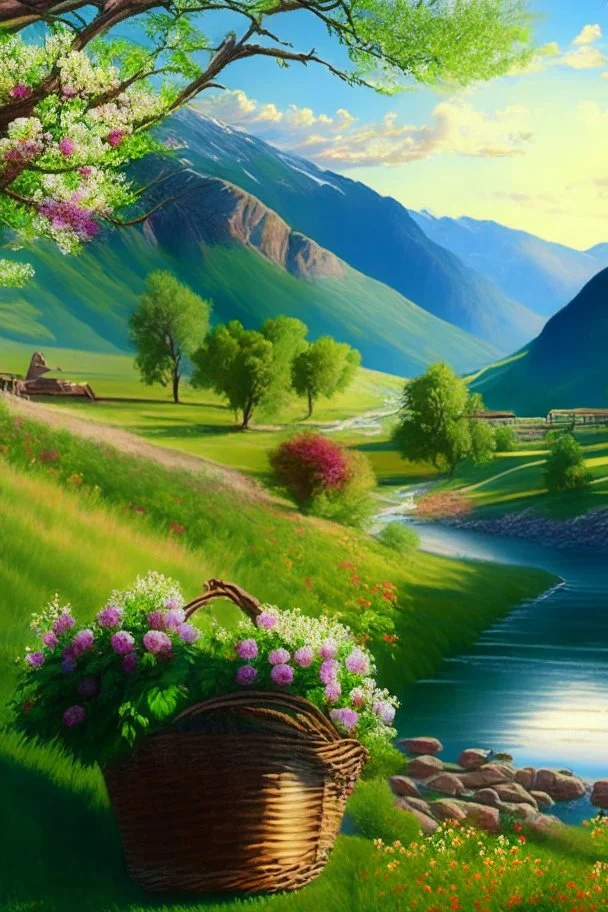 countryside, morning, sun, mountains, green, flowers, clear sky, river, apple tree, basket, sky, grass