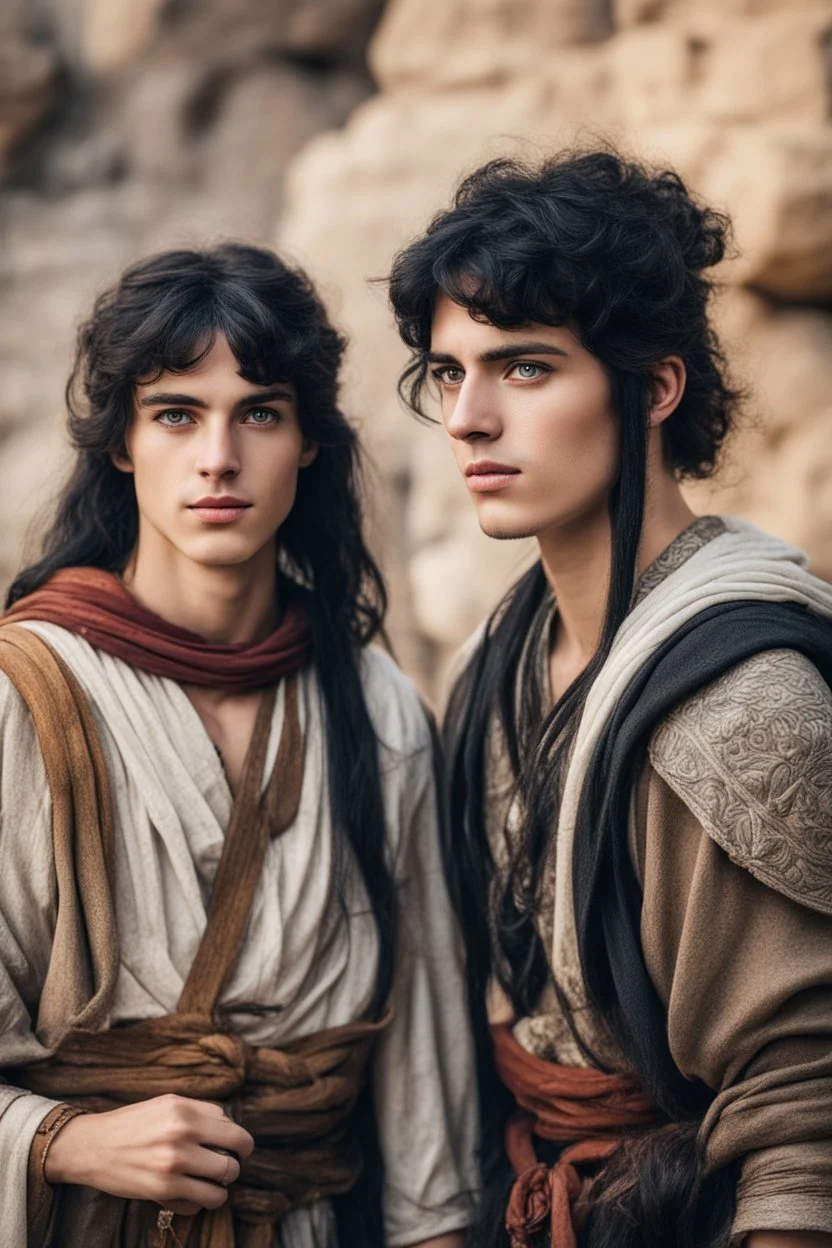 two young friends of twenty-three years old, with hazel eyes, black hair, dressed in ancient epic travel clothes.