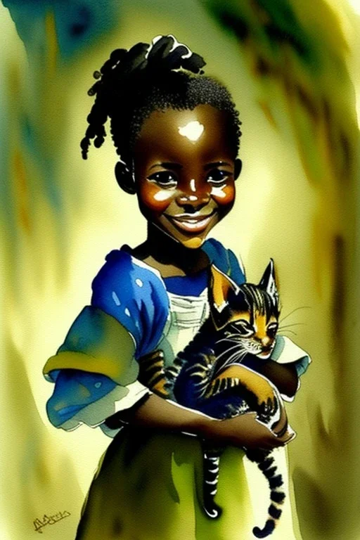 A cute smiling african girl is holding a kitten. Watercolour