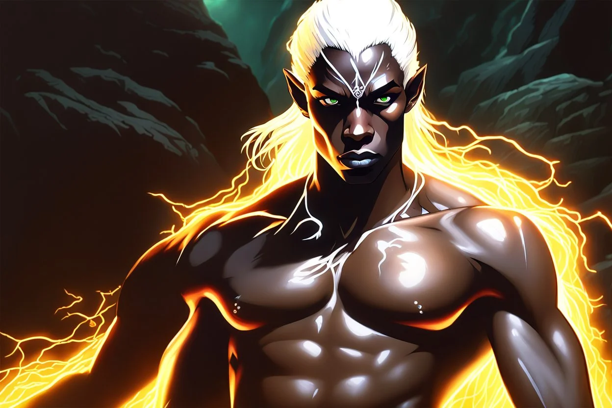 Thin young male Drow wizard wearing a shear tunic, wearing a loin cloth, casting a lightening spell, dark-elf boy with white hair blowing in the wind, glowing tattoos on black skin, strained muscles, wide stance, cave setting with bioluminescent spiders in background, white eyes, fierce grimace, accurate anatomy, hyper realistic, vivid colours