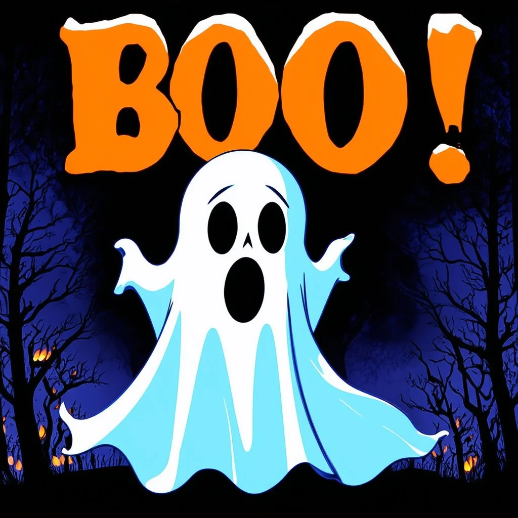 A spooky ghost with bold text above it that spells “ Boo! “