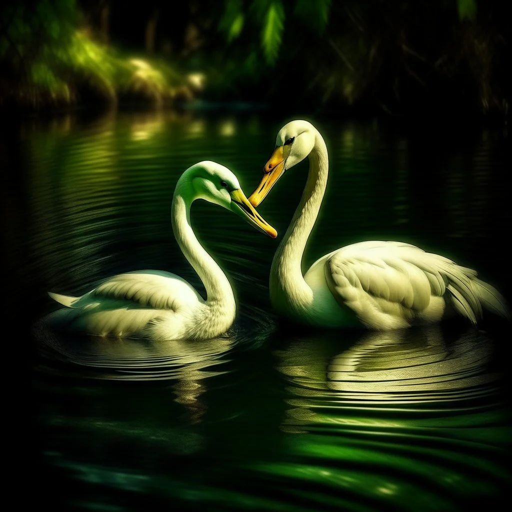 two swans in a romantic lake, dark green and warm yellow color, fantasy atmosphere, photo quality