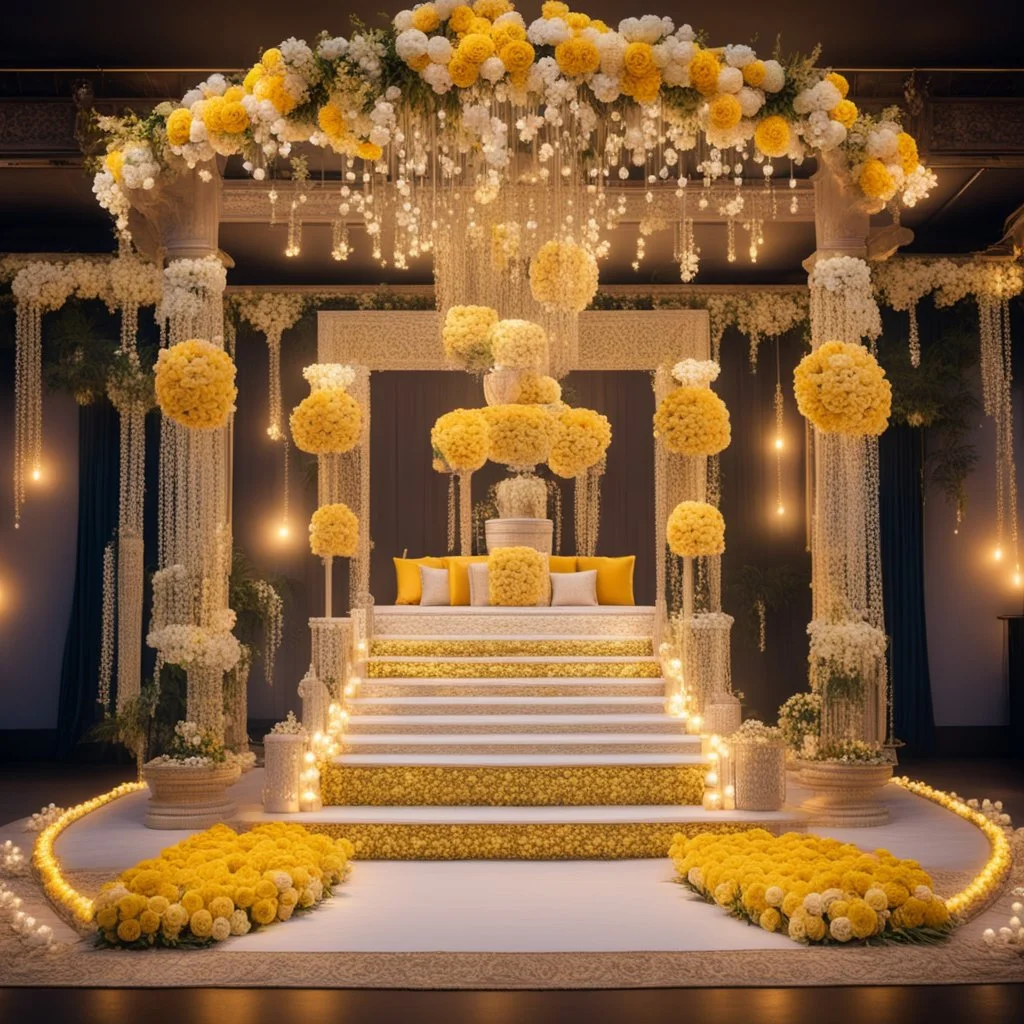 Hyper Realistic Beautiful Traditional Indian Wedding Stage decorated with different Yellow & White flowers & neon wedding lights at Night