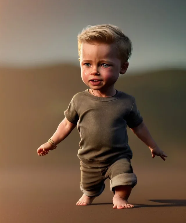 Brad Pitt toddler, full body, shoe, car, soft, dramatic lighting, hyper realistic