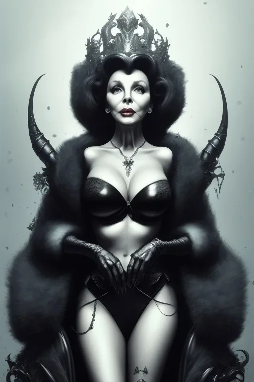 Joan Collins as evil queen in black leather, leather, busty, cleavage, angry, stern look. character design by cory loftis, fenghua zhong, ryohei hase, ismail inceoglu and ruan jia. unreal engine 5, artistic lighting, highly detailed, photorealistic, fantasy