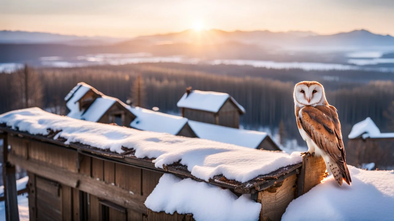 a barn owl sitting an old ruined rooftop and looking to te camera, over a winter landscacpe with european forest , snowy landscape, little light, sunrise, one old poor ruined small villager hut from above, high detailed, sharp focuses, photorealistic, perspective, cinematic