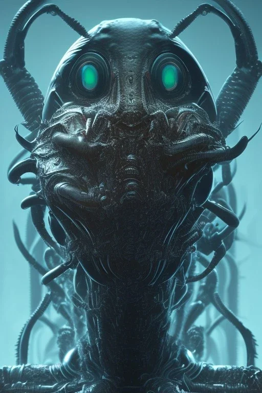 evil crabs alien, brutal face, tron, head, burn eyes, 8k, finely detailed, dark light, photo realistic, hr giger, cyberpunk