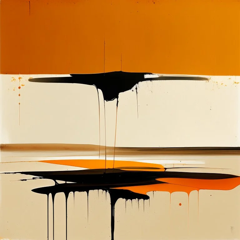 Melancholy Minimal abstract flat landscape painting. Rough brushstrokes and dripping paint. A single orange colour highlight with complimentary background colours. Use rule of thirds. Place the Horizon line at the top. Style of Justin Mortimer.Abstract empty landscape painting. Dripping paint. Rough. Minimal. Style of Justin Mortimer.