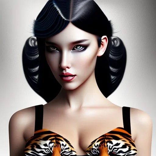 black hair lady model bra with tiger