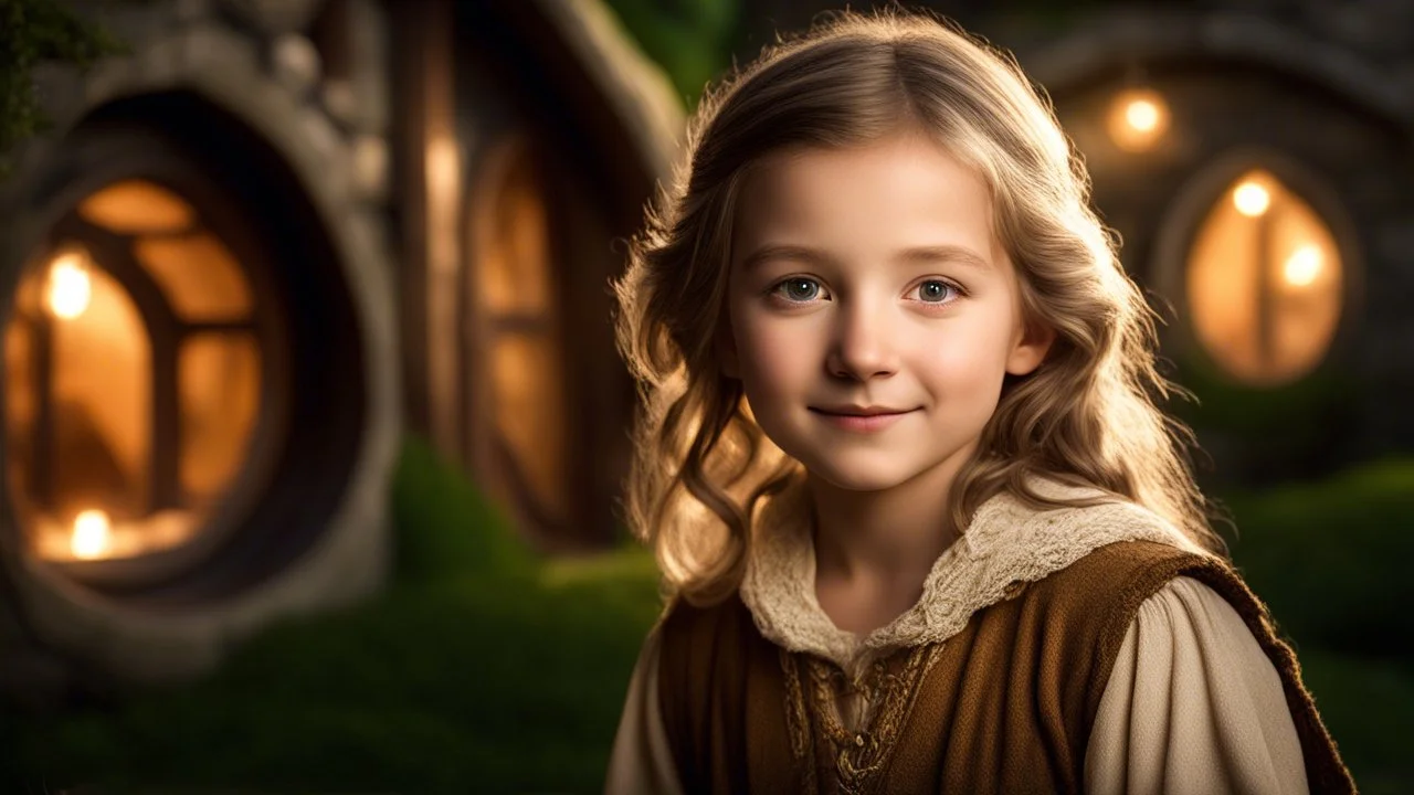 little young hobbit girl, beautiful, confident, calm, wise, happy, innocent, facing camera, head and shoulders, hobbit clothing, perfect eyes, LOTR village, hobbit homes with circular windows and round doors, night scene, stars, fireflies, 16k artistic photography, exquisite composition, photorealistic concept art, soft natural volumetric light, chiaroscuro, award-winning photograph, masterpiece, style William-Adolphe Bouguereau