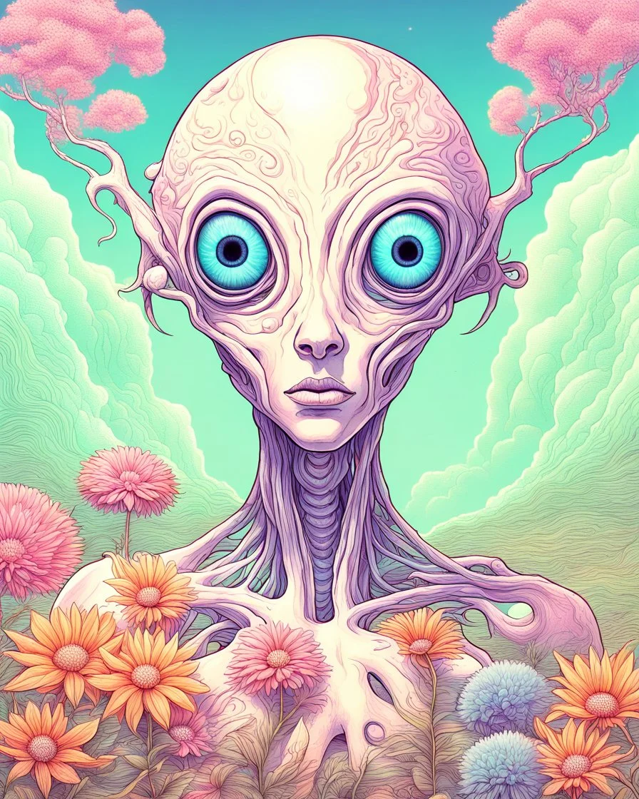 an ethereal alien creature with three eyes, with several extra limbs and slender composition, is i transitioning wild landscape full of flowers , highly polished, chrome airbrush style, dreamlike composition, color penciling color palette, surrealistic retro-futurism, fantasy, vintage scifi, psychedelic aesthetic, Camilla d'errica, pop surrealism, highly detailed, arthur lismet, artstation, 1960s psychedelic drawing, smooth