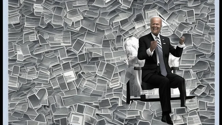 Joe Biden sitting on a throne of classified documents laughing in a menacing demeanor.”