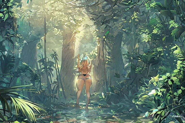 a woman in a bikini on a jungle background