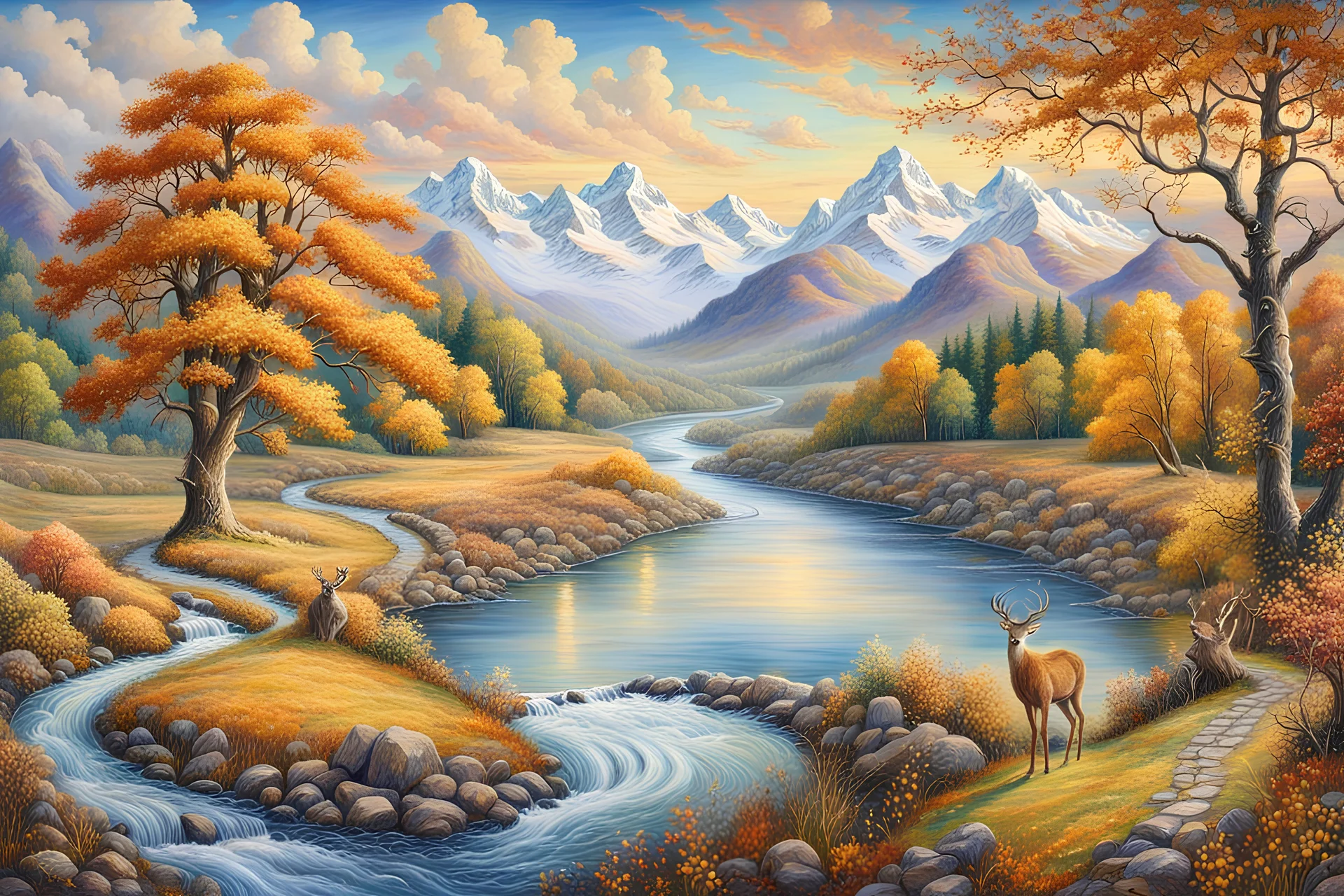 Beautiful scene in the style of Josephine Wall, vibrant colours, with a wide flowing river flowing from right to left, fields on both sides of the river, autumn trees in all the range of autumn colours, some deer, correct anatomy, beside the river, mountains with snow across the top in the background, blue sky with just a touch of cloud,realistic, professional award winning oil on canvas,