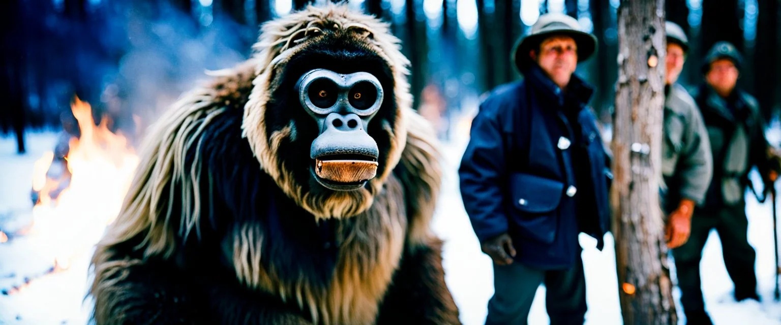 close up of a Yeti in documentary photography, burned trees, Wildfire, Smoke, burning, forest fire, August 1995, Yeti, Dystopian, Japanese, Extreme depth of field, bokeh blur, Alberta, all-natural, in the style of candid, imperfection, natural lighting, Professional shot, shot on Agfa, Fuji Film, Anamorphic lens --ar 4:5 --w 150 --style raw