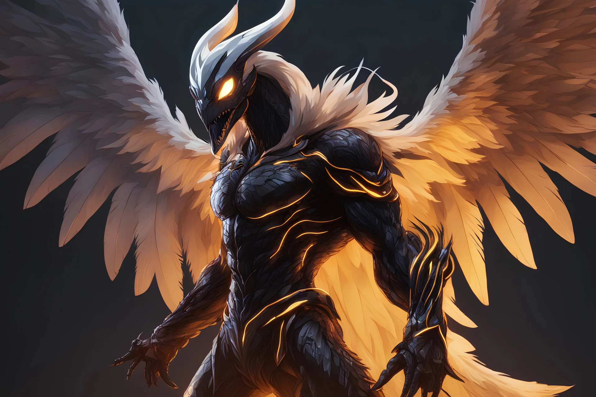 grendel in 8k solo leveling shadow artstyle, venom them, neon effect, big white wings, feathers, full body, apocalypse, intricate details, highly detailed, high details, detailed portrait, masterpiece,ultra detailed, ultra quality