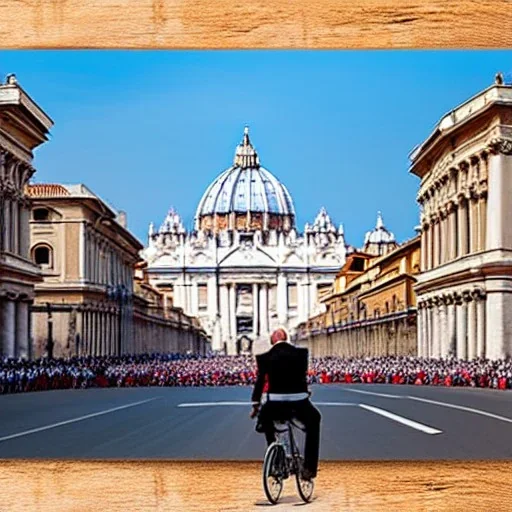 Pope riding bicycle, Rome, St Peter's basilica, photo realistic, 8k