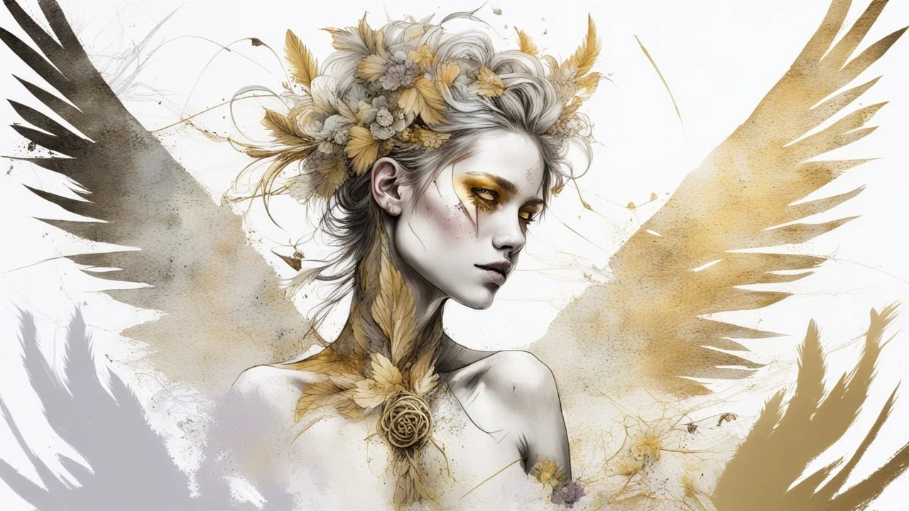 white background, golden Angel, tattoo, feathers, steampunk, fantasy, old canvas, torn cracks, flowers, cyberpunk, gold, silver, green lilac color, mystical, glow, golden makeup, fine drawing, high detail, high resolution, 8K, 3D, Daniel Castan Carne Griffiths Andreas Lee Russ Mills