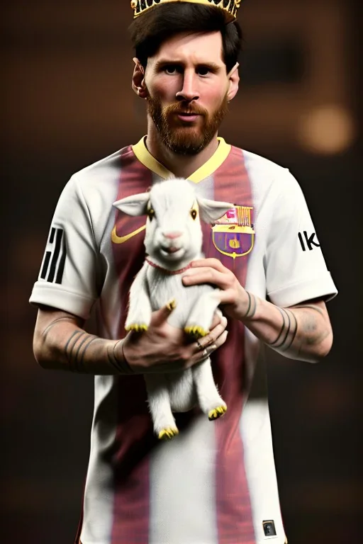 messi as king with wearing crown and king stuffs and clothes and holding a little white goat on his hand ,hyperrealistic,8k,detailed,rendered