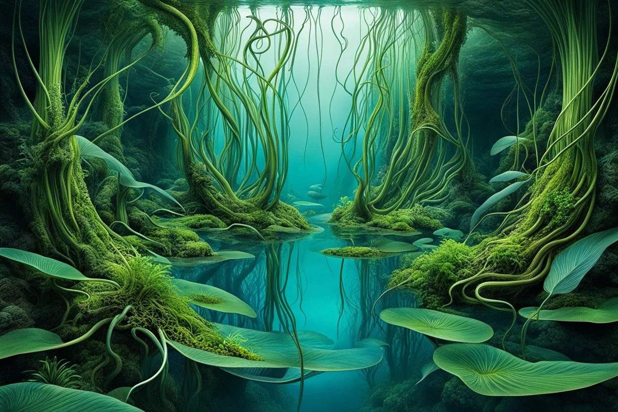 Ecological Art, plants, floating earths, long leaf tendrils, green colors and shades, blue waters, mitical ecocreatures living fascinating in stunning alien flora, intricate details, sharp focus, filmy , surreal, frighteningly beautiful, perfect stunning composition