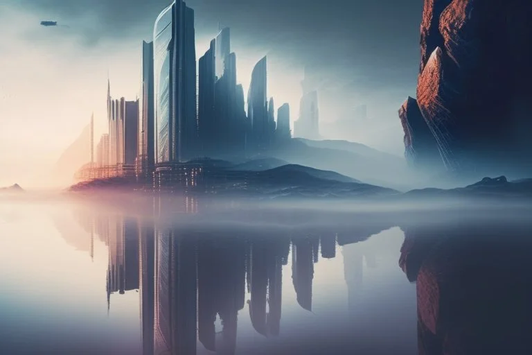 distant modern city, sea, mist, rocks, lake reflection, epic, sci-fi, movie poster