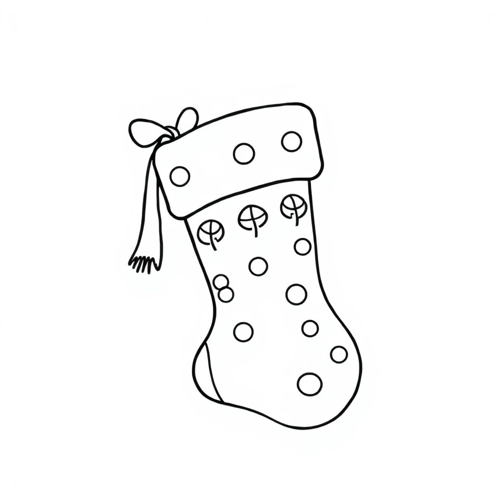 A black and white cute drawing of a Christmas stocking. Only outline, white background,for kids. The illustration should be in [SUPER SIMPLE], black and white, bold line art with a clear, mostly empty background. [INCLUDES ONLY OUTLINES WITH NO FILLED IN BLACK AREAS], ensuring no shading, no complex images, and making it very easy to color in between the lines.