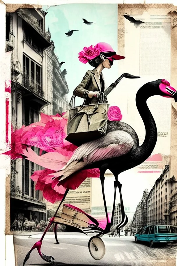 the woman rides on the back of a flamingo in the city center with a huge shopping bag, collage, stamp, old newsprint, pen, dry flower, ink, bizarre