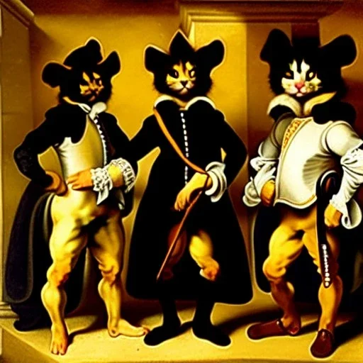 retrato cuerpo entero al oleo en canvas de tres gatos vestidos como los tres mosqueteros con estilo de Rubens y Diego Velázquez y Rembrandt y Leonardo da Vinvi 8k