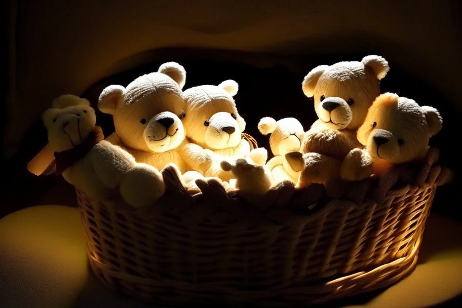 Cute but quirky stuffed animals lie in a carved basket on a soft sling, by candlelight