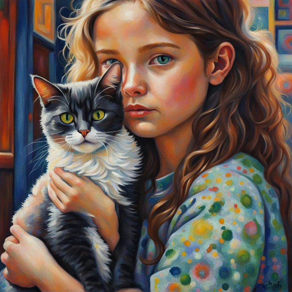 A girl and her cat inspirational styles - Pointillism, Realism and Fauvism